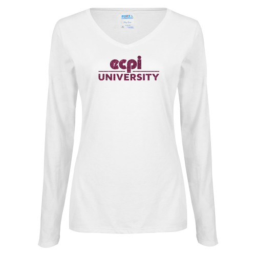  Womens White Long Sleeve V Neck Tee - ECPI University Stacked Pink Glitter