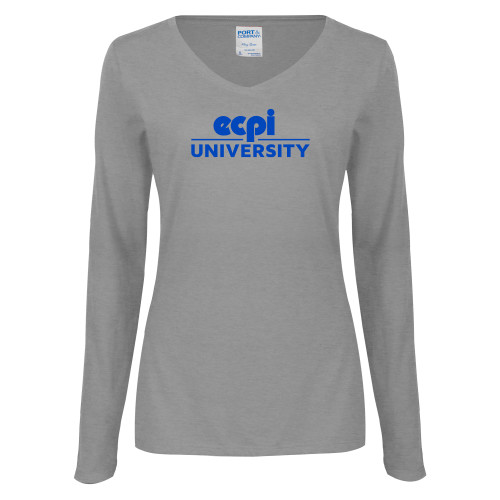  Womens Grey Long Sleeve V Neck Tee  - ECPI University Stacked