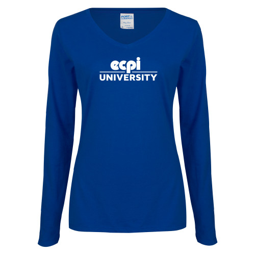  Womens Royal Long Sleeve V Neck Tee  - ECPI University Stacked
