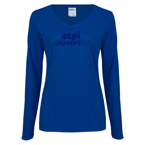  Womens Royal Long Sleeve V Neck Tee  - ECPI University Stacked Dark Blue Glitter