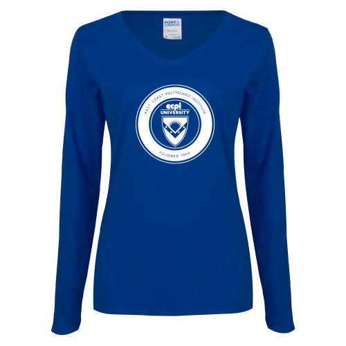  Womens Royal Long Sleeve V Neck Tee  - ECPI University Seal