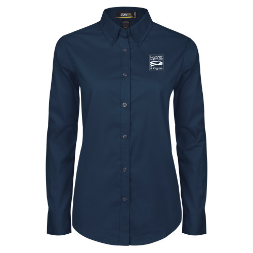 Womens Navy Twill Button Down Long Sleeve  - Culinary Institute of Virginia