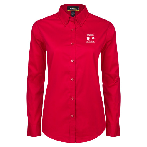  Womens Red Twill Button Down Long Sleeve  - Culinary Institute of Virginia