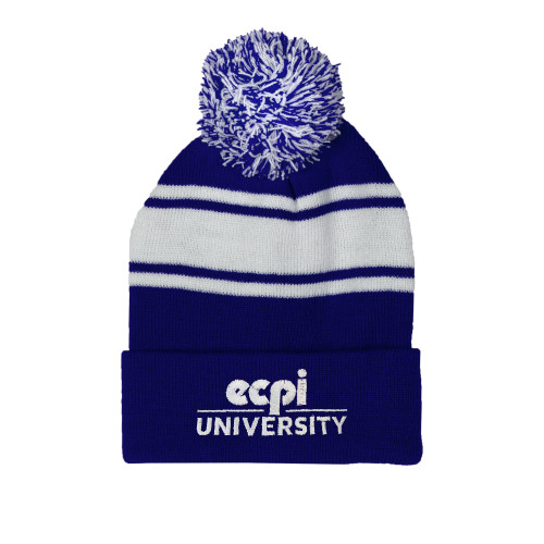 ECPI Royal/White Two Tone Knit Pom Beanie w/Cuff