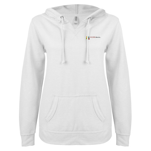  ENZA Womens White V Notch Raw Edge Fleece Hoodie - Encore Electric