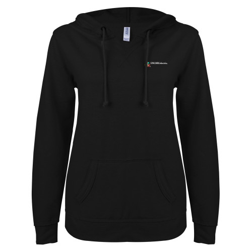  ENZA Womens Black V Notch Raw Edge Fleece Hoodie - Encore Electric