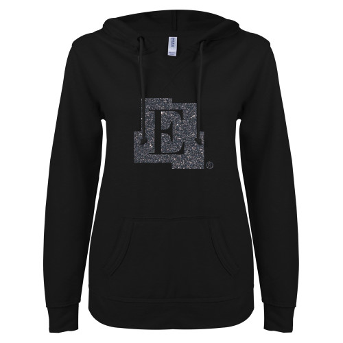  ENZA Womens Black V Notch Raw Edge Fleece Hoodie - Icon Graphite Soft Glitter