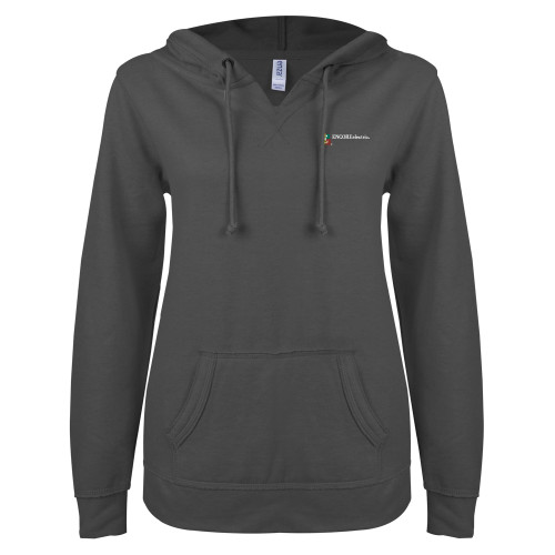  ENZA Womens Dark Heather V Notch Raw Edge Fleece Hoodie - Encore Electric