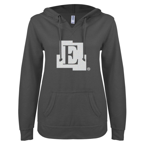  ENZA Womens Dark Heather V Notch Raw Edge Fleece Hoodie - Icon White Soft Glitter