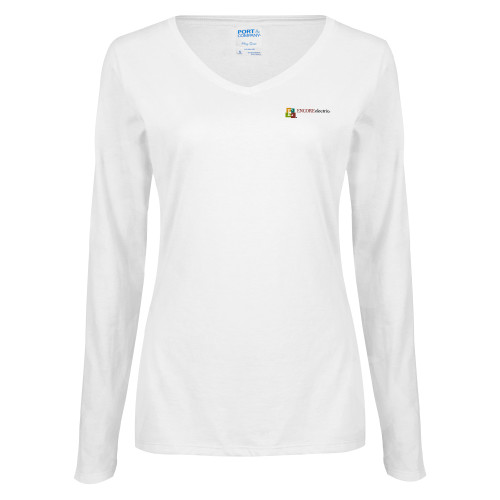  Womens White Long Sleeve V Neck Tee - Encore Electric