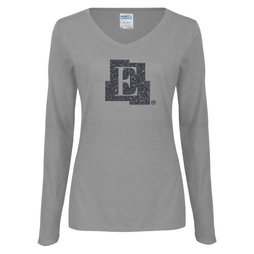  Womens Grey Long Sleeve V Neck Tee  - Icon Graphite Soft Glitter