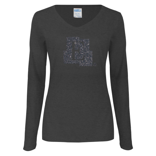  Womens Dark Heather Long Sleeve V Neck Tee  - Icon Graphite Soft Glitter