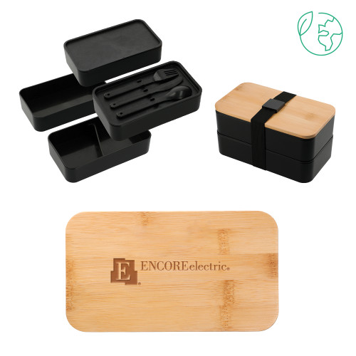  Stackable Bamboo Fiber Black Bento Box - Encore Electric Engraved