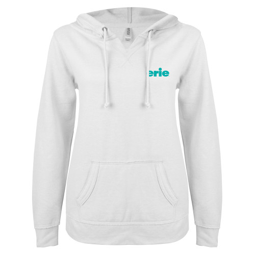  ENZA Womens White V Notch Raw Edge Fleece Hoodie - erie