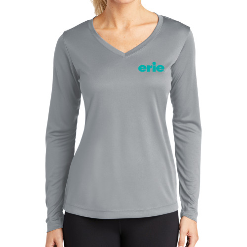  Womens Grey Performance Long Sleeve V Neck Shirt - erie