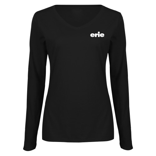  Womens Black Long Sleeve V Neck Tee  - erie