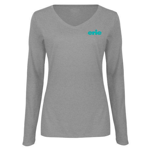  Womens Grey Long Sleeve V Neck Tee  - erie