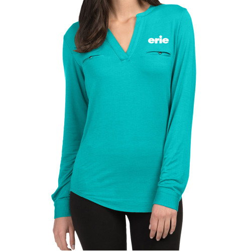  Ladies Lux Teal Split Neck Blouse - erie