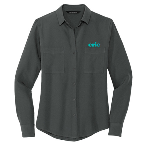  Mercer + Mettle Womens Grey Crepe Long Sleeve Camp Blouse - erie