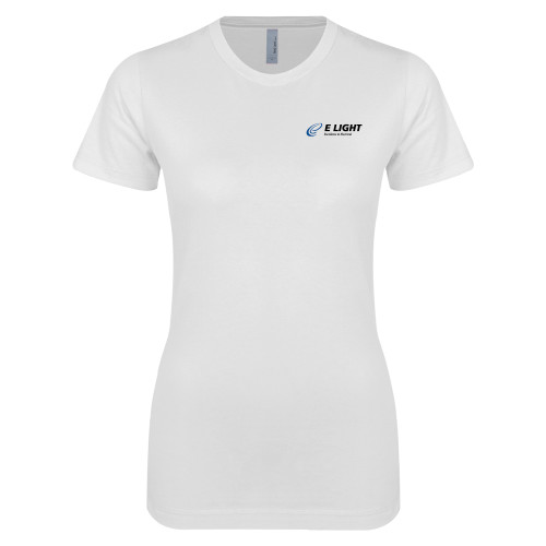  Next Level Womens White Boyfriend Tee - E Light Electric with Tagline