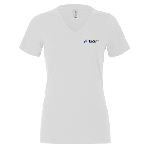  Bella + Canvas Womens White V Neck Cotton T Shirt - E Light Electric with Tagline