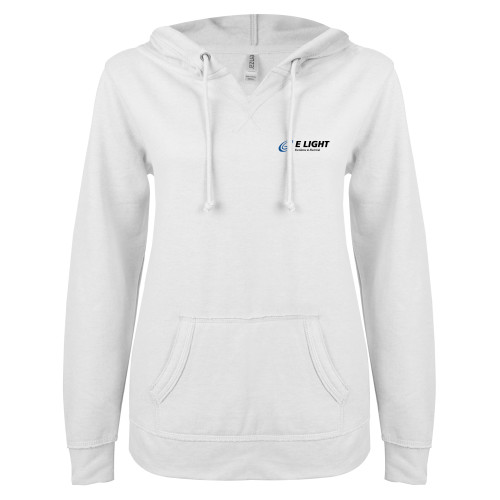  ENZA Womens White V Notch Raw Edge Fleece Hoodie - E Light Electric with Tagline
