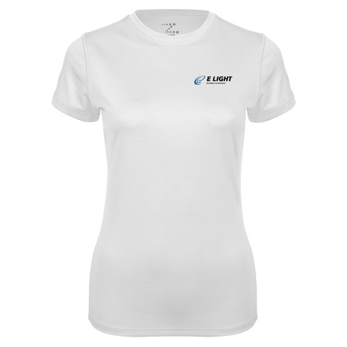  Womens White Performance Tee - E Light Electric with Tagline