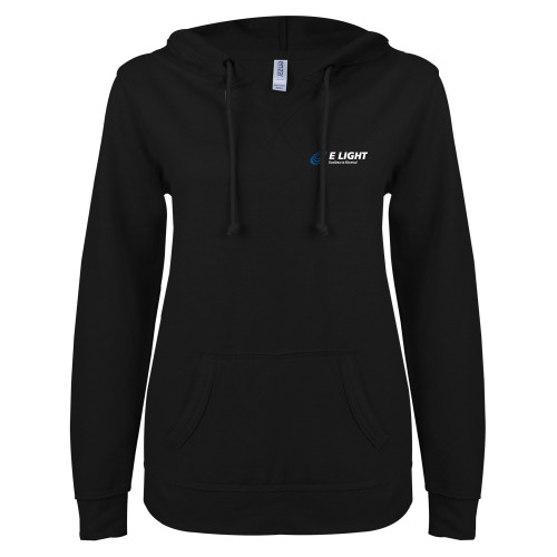  ENZA Womens Black V Notch Raw Edge Fleece Hoodie - E Light Electric with Tagline