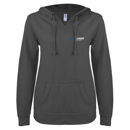  ENZA Womens Dark Heather V Notch Raw Edge Fleece Hoodie - E Light Electric with Tagline