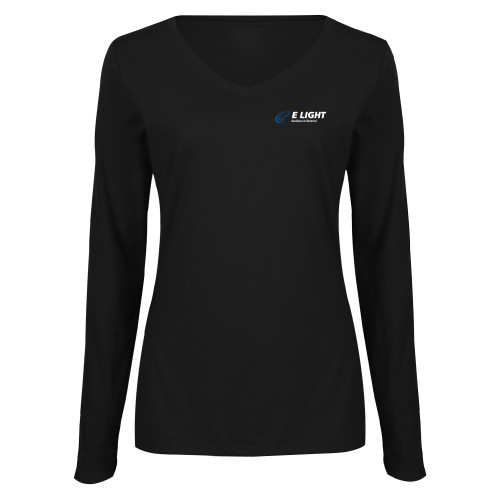  Womens Black Long Sleeve V Neck Tee  - E Light Electric with Tagline