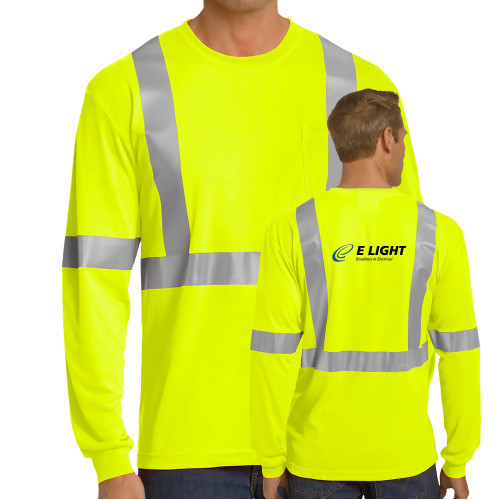  Safety Yellow ANSI 107 Class 2 Safety Long Sleeve T Shirt w/Pocket - E Light Electric with Tagline