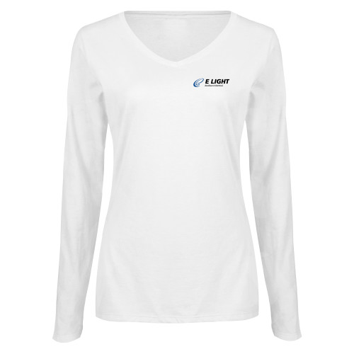  Womens White Long Sleeve V Neck Tee  - E Light Electric with Tagline