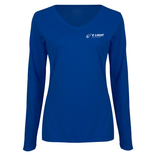  Womens Royal Long Sleeve V Neck Tee  - E Light Electric with Tagline