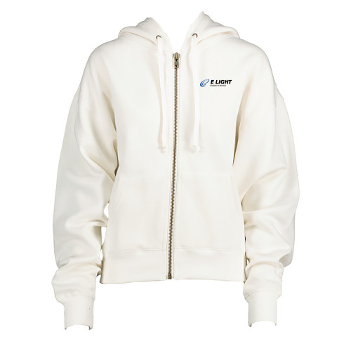  ENZA Womens White Boxy Full Zip Hood - E Light Electric with Tagline