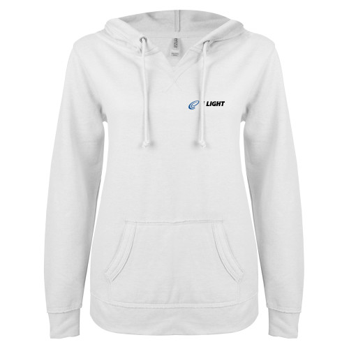  ENZA Womens White V Notch Raw Edge Fleece Hoodie - E Light Electric