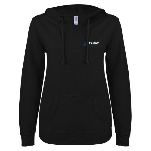  ENZA Womens Black V Notch Raw Edge Fleece Hoodie - E Light Electric