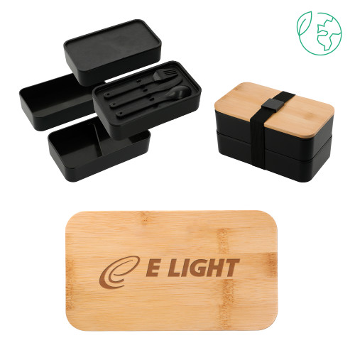  Stackable Bamboo Fiber Black Bento Box - E Light Electric Engraved