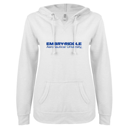 Embry Riddle Prescott ENZA Womens White V Notch Raw Edge Fleece Hoodie