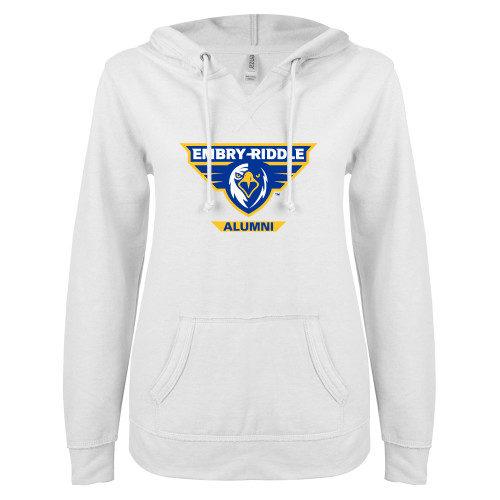  ENZA Womens White V Notch Raw Edge Fleece Hoodie - Alumni