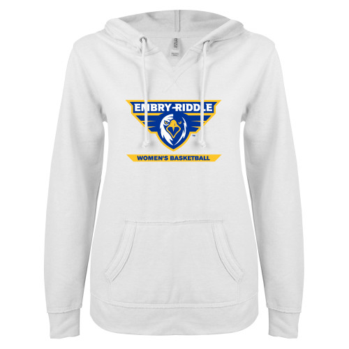  ENZA Womens White V Notch Raw Edge Fleece Hoodie - Womens Basketball