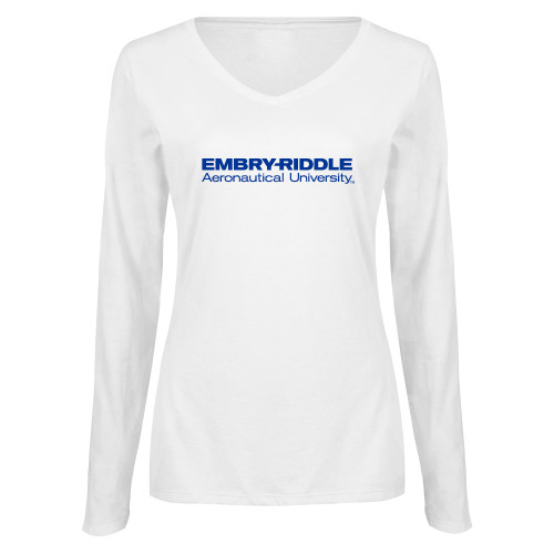  Womens White Long Sleeve V Neck Tee - Embry-Riddle Aeronautical University