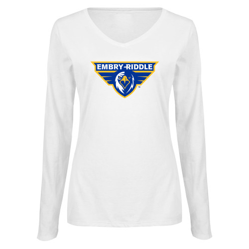  Womens White Long Sleeve V Neck Tee - Athletic Mark