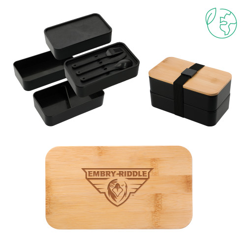  Stackable Bamboo Fiber Black Bento Box - Athletic Mark  Engraved