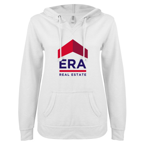 ENZA Womens White V Notch Raw Edge Fleece Hoodie-ERA
