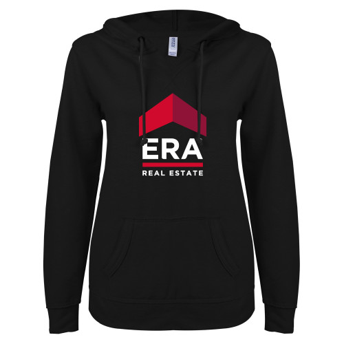 ENZA Womens Black V Notch Raw Edge Fleece Hoodie-ERA
