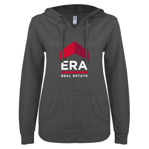 ENZA Womens Dark Heather V Notch Raw Edge Fleece Hoodie-ERA