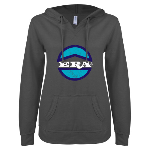 ENZA Womens Dark Heather V Notch Raw Edge Fleece Hoodie-Vintage ERA Logo
