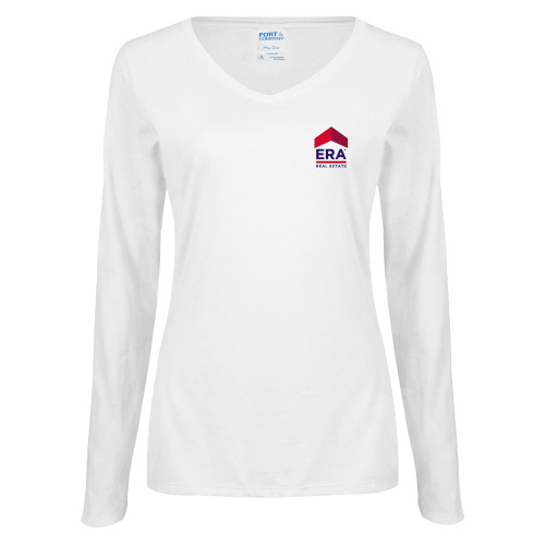Womens White Long Sleeve V Neck Tee-ERA