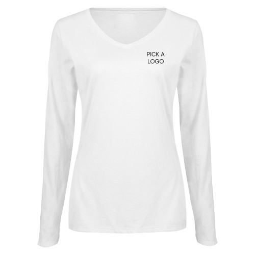 Womens White Long Sleeve V Neck Tee -Blank for M Tools Setup