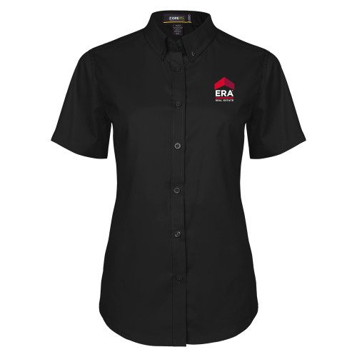 Womens Black Twill Button Up Short Sleeve-ERA